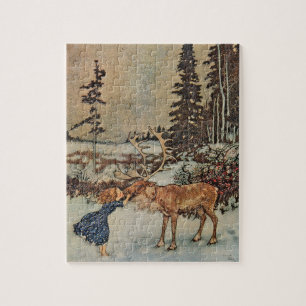 Puzzle Affiche vintage de scène hivernale avec une fille 