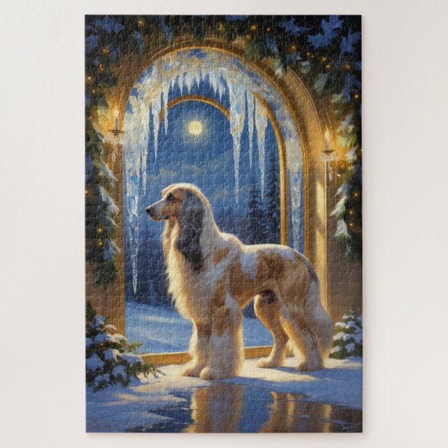 Puzzle Afghan Hound With Christmas Lights Holiday (Vertical)