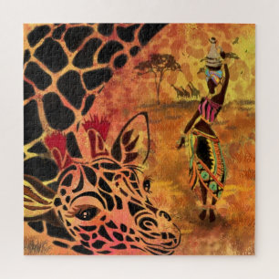 Puzzle African Girl and Giraffe - Friends - Art Drawing -