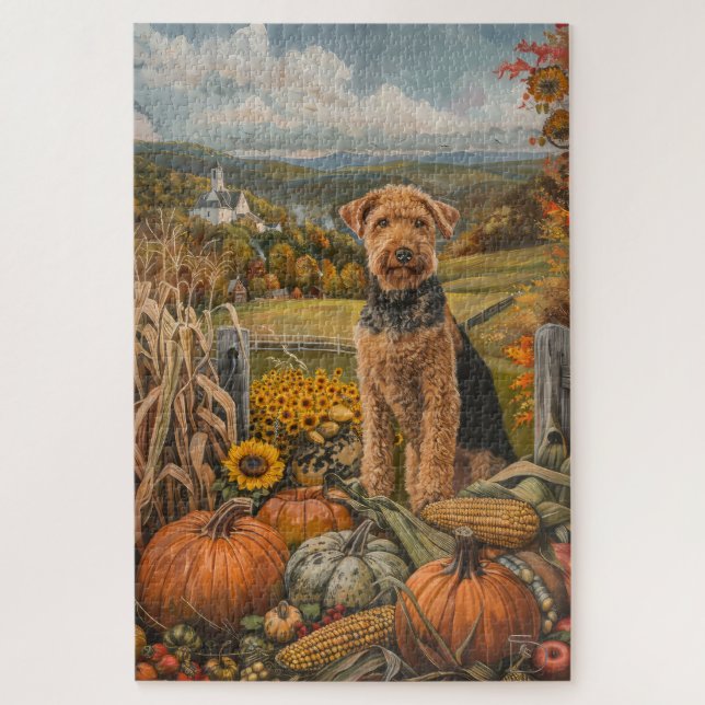 Puzzle Airedale Moisson d'automne Thanksgiving Chien (Vertical)