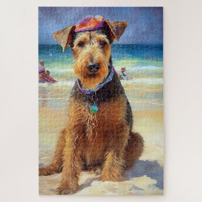 Puzzle Airedale sur la plage, cadeau d'été pour les amour (Vertical)