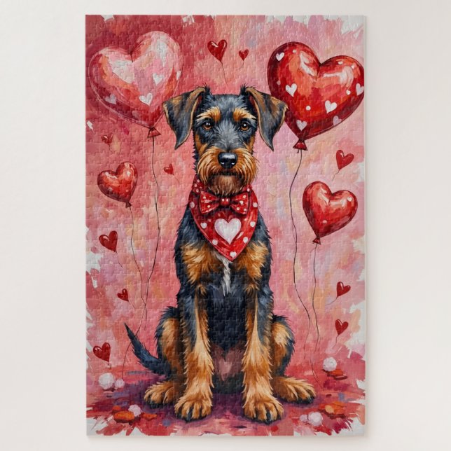 Puzzle Airedale Terrier Valentine Dog Art with Hearts (Vertical)