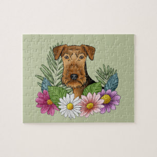 Puzzle Airedale Tête de chien Terrier Fleurs colorées Ver