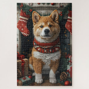 Puzzle Akita Américain avec des cadeaux de Noël Cheminée
