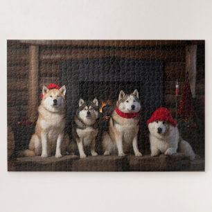 Puzzle Akita au coin du feu de Noël