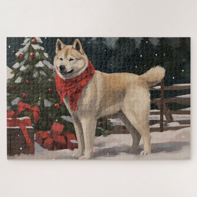 Puzzle Akita Chien dans Noël de neige (Horizontal)