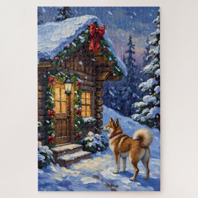Puzzle Akita Dog Christmas Log Cabin Holiday (Vertical)