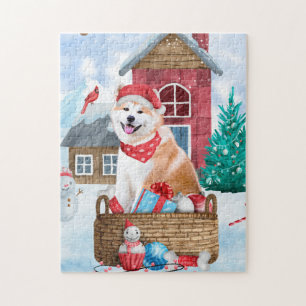 Puzzle Akita Dog In snow Christmas Dog House