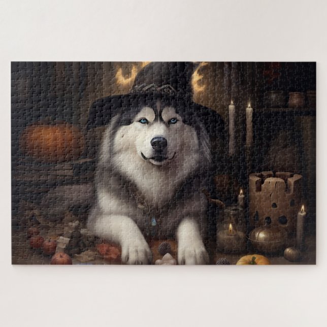 Puzzle Alaskan Malamute Citrouilles Halloween effrayant (Horizontal)