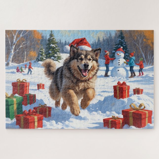 Puzzle Alaskan Malamute Noël Festive Scène de neige (Horizontal)