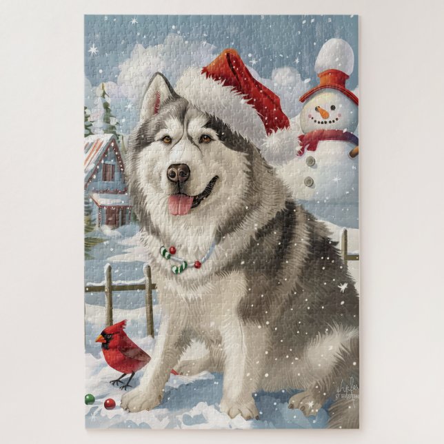 Puzzle Alaskien Malamute Chien hiver Merveilles de Noël (Vertical)