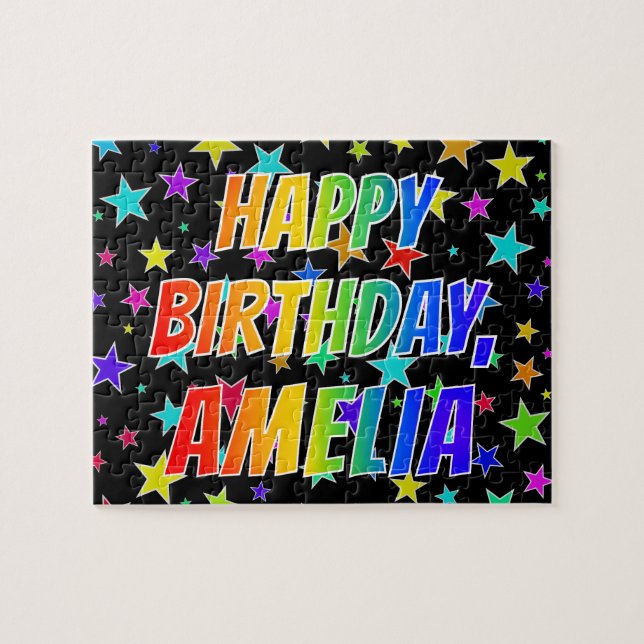 Puzzle "AMELIA" Prénom, Amusant "HEUREUX ANNIVERSAIRE" (Horizontal)