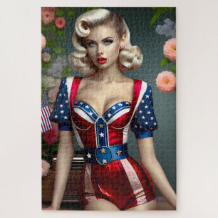 Puzzle American Beauty Patriotic Blonde Pin-up Girl