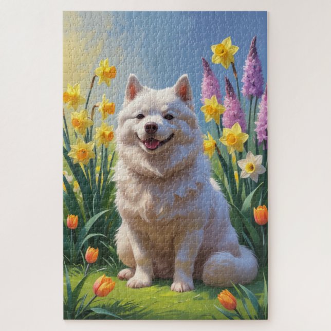 Puzzle American Eskimo Chien Fleurs de printemps Peinture (Vertical)
