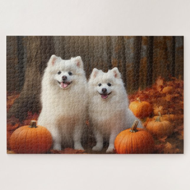 Puzzle American Eskimo Chiot Automne Citrouille délice (Horizontal)