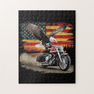 Puzzle American Flag Mocycle Tshirt USA Flag Bike Ret
