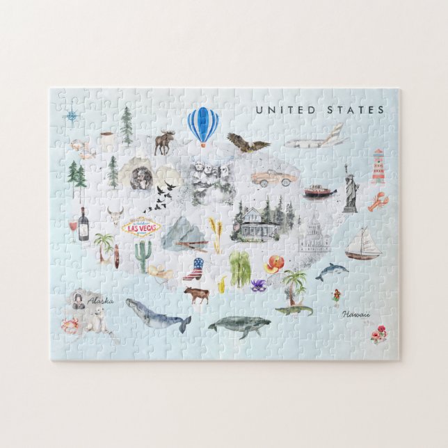 Puzzle Amérique | Carte de l'aquarelle illustrée USA (Horizontal)