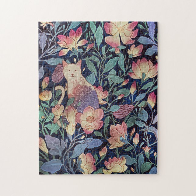 Puzzle Amoureux des chats Chat Et Fleur Magnolia (Vertical)