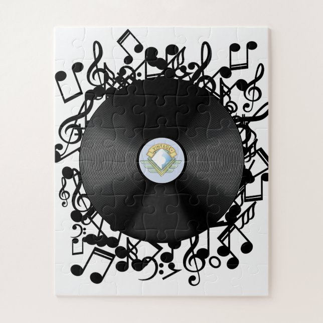 Puzzle Ancien disque de vinyle et notes musicales (Vertical)
