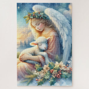 Puzzle Ange de Noël avec agneau en paix en hiver