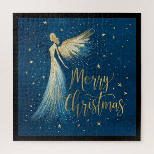 Puzzle Ange de Noël doré sur fond bleu ciel étoilé
