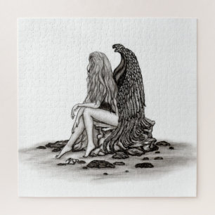 Puzzle Angel, perdu dans la pensée, noir et blanc Design