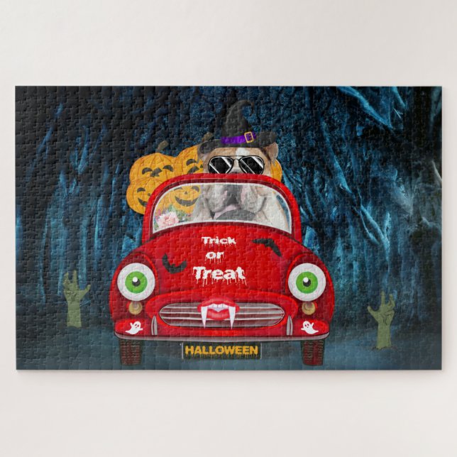 Puzzle Anglais Bulldog Driving Car Effrayant Halloween (Horizontal)