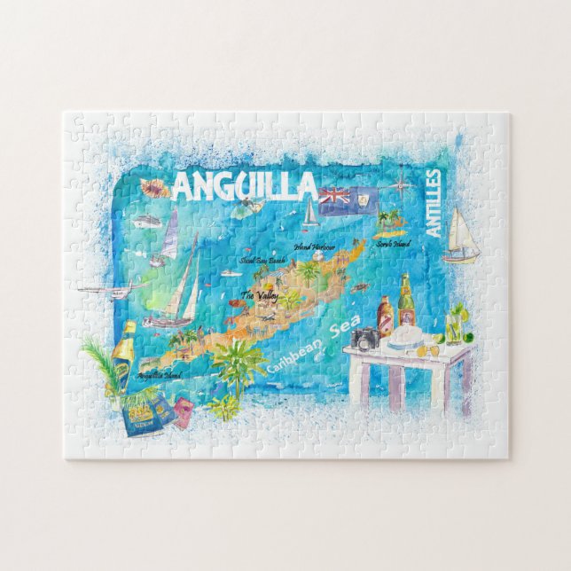Puzzle Anguilla Antilles Illustré Cartes de Voyage des Ca (Horizontal)