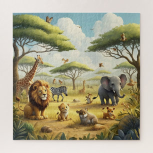 Puzzle Animal Safari Lion Giraffe Oiseaux Éléphants Arbre