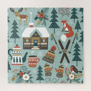 Puzzle Animaux forestiers : Hiver Vintage sans couture.