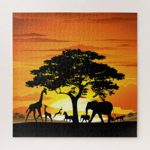 Puzzle Animaux sauvages sur le coucher de soleil de la sa