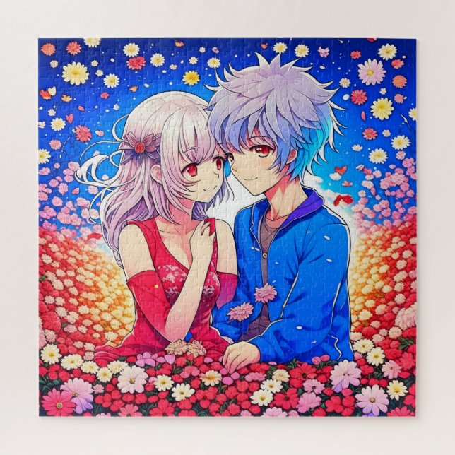 Puzzle Anime Couple Love Fleurs et Coeurs (Vertical)