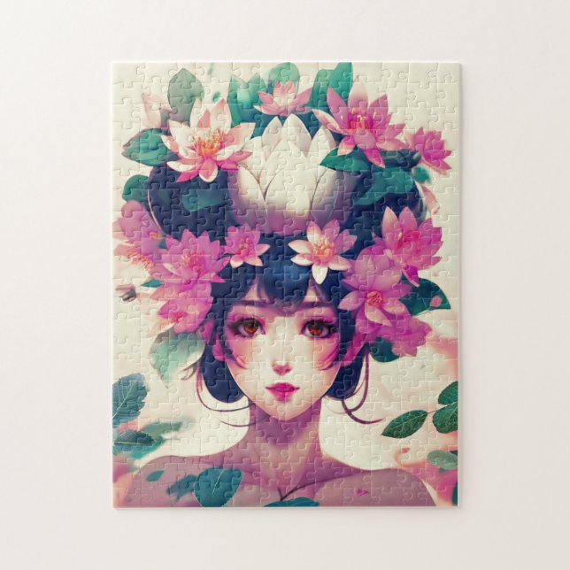 Puzzle Anime Girl Crowned with Lotus Blossoms (Vertical)