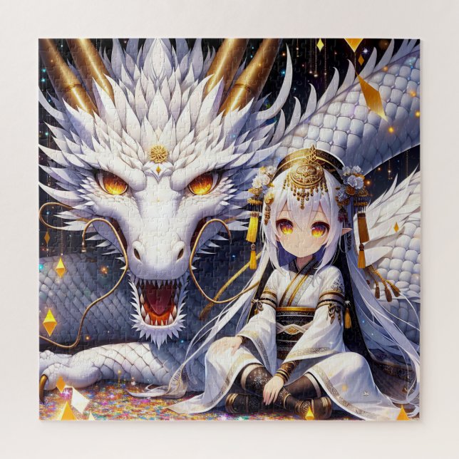 Puzzle Anime Girl Warrior et Dragon Ai Art (Vertical)