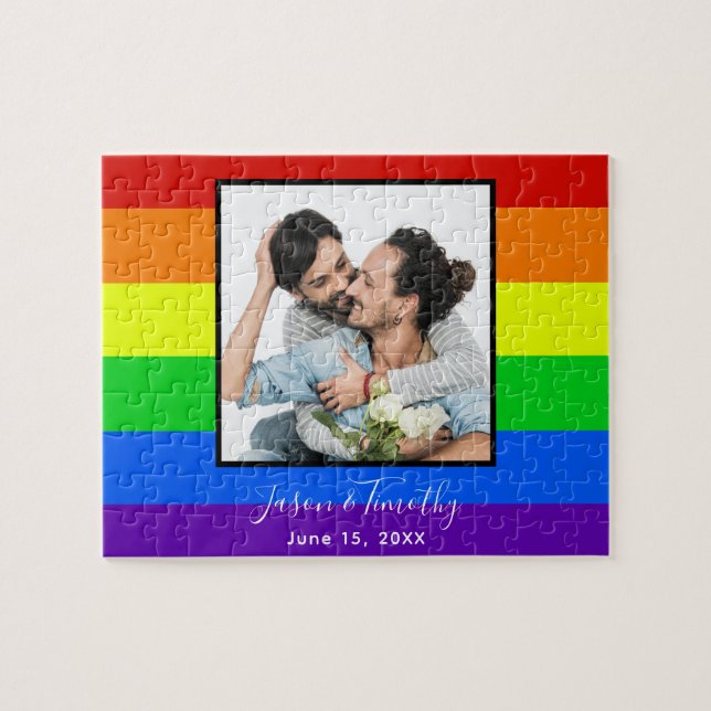Puzzle Anniversaire photo en couple LGBTQ avec arc-en-cie (Horizontal)