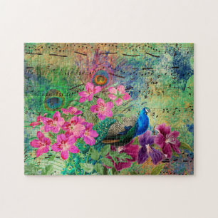 Puzzle Antique Illustrated Peacock & Flowers Grunge