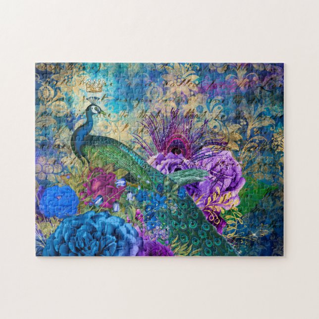 Puzzle Antique Peacock Illustré & Fleurs Grunge (Horizontal)