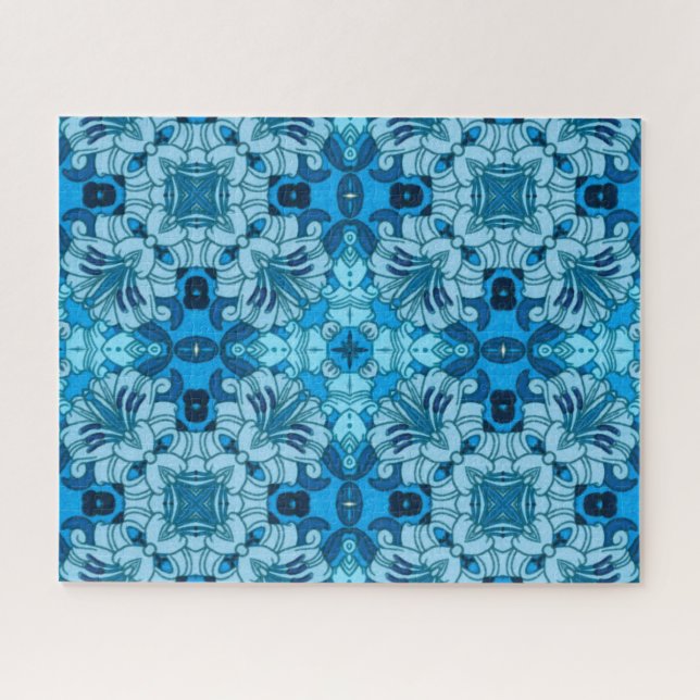 Puzzle Aquarelle Abstraite Floral Denim Blue (Horizontal)
