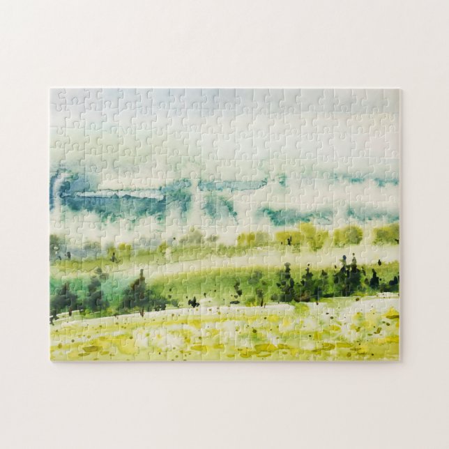 Puzzle Aquarelle Abstraite Paysage Vert Bleu (Horizontal)