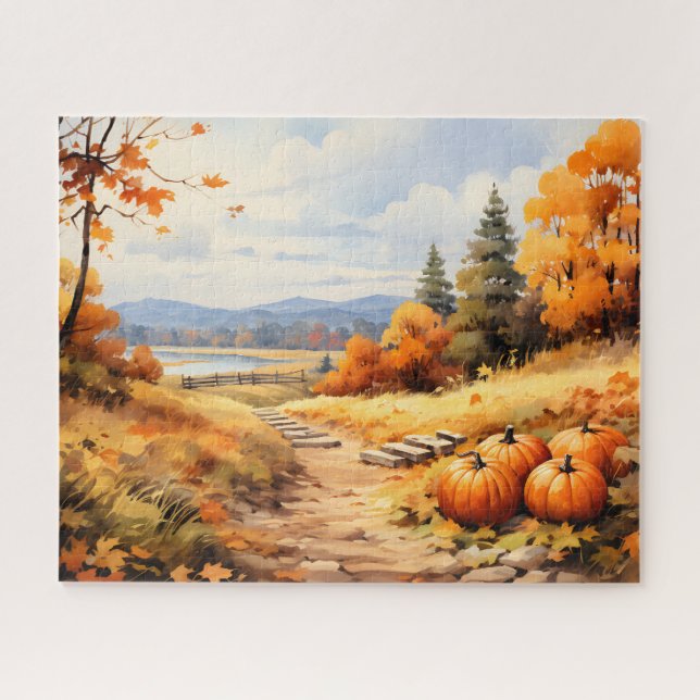Puzzle Aquarelle Automne Citrouille de route en chute Feu (Horizontal)