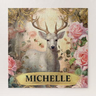 Puzzle Aquarelle Cerfs Blancs Vintage et Roses Roses