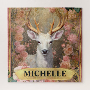 Puzzle Aquarelle Cerfs Blancs Vintage et Roses Roses