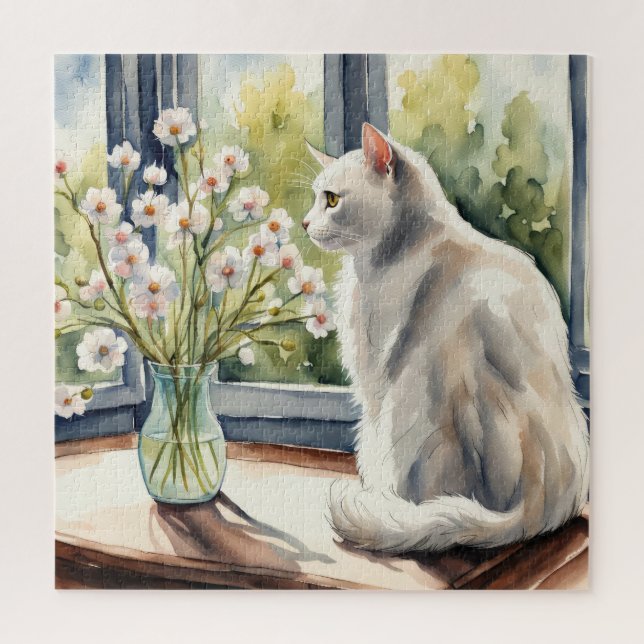 Puzzle Aquarelle Chat blanc et marguerites (Vertical)