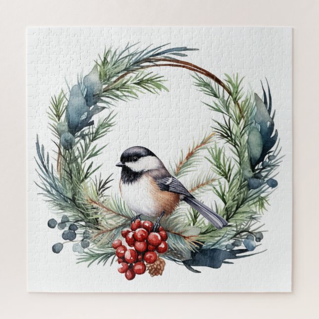 Puzzle Aquarelle Chickadee mignonne Oiseau de Noël (Vertical)