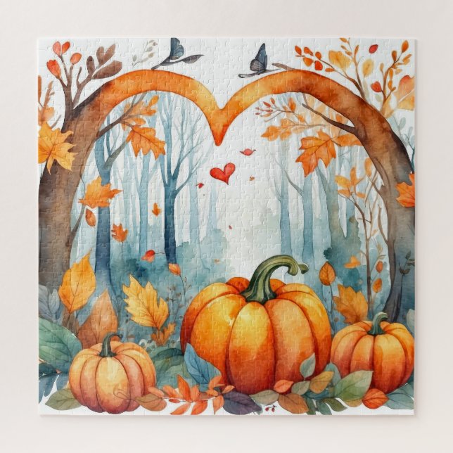 Puzzle Aquarelle Citrouille forestier d'automne au coeur (Vertical)
