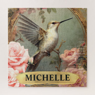 Puzzle Aquarelle Colibri Blanc Vintage et Roses Roses