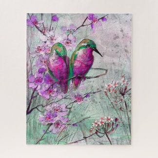 Puzzle Aquarelle Colibris aux fleurs de printemps roses