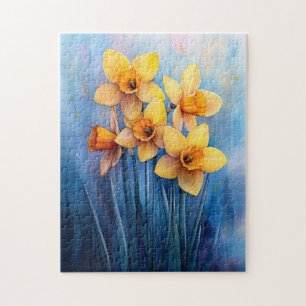 Puzzle Aquarelle Daffodiles Arrière - plan bleu