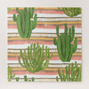 Puzzle Aquarelle de cactus, fond rayé, motif sans couture
