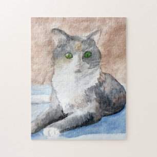 Puzzle Aquarelle de chat vert, gris, blanc et Brown